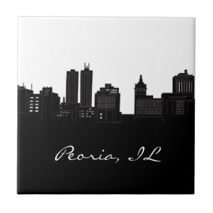Black and White Peoria, Illinois Skyline Ceramic Tile