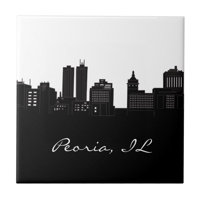 Black and White Peoria, Illinois Skyline Ceramic Tile (Front)