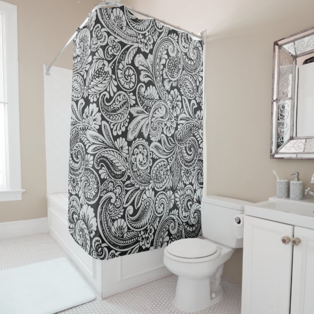 Black and White Persian Paisley Shower Curtain (In Situ)
