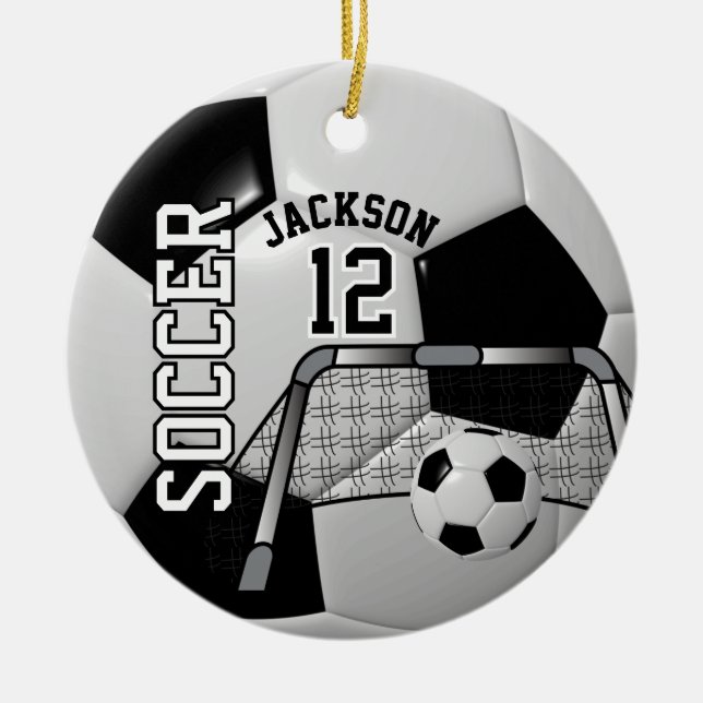 Black and White Personalise Soccer Ball Ceramic Tree Decoration (Front)