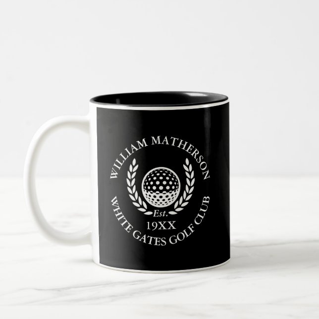 Black And White Personalised Golf Club Name Two-Tone Coffee Mug (Left)
