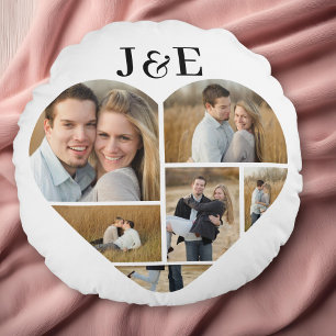Black and White Personalised Heart Photo Collage Round Cushion