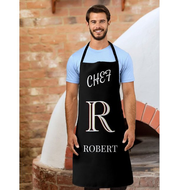 Black and White Personalised Monogram and Name  Apron (Creator Uploaded)