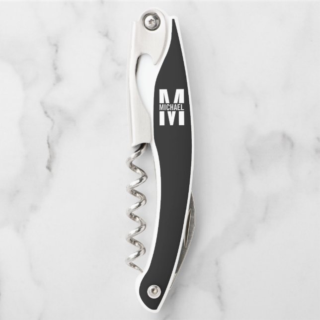 Black and White Personalised Monogram and Name Wai Corkscrew (Front)