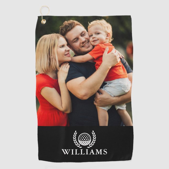 Black And White Personalised Name Monogram Photo Golf Towel (Front)