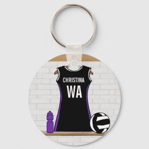 Black and White personalised netball Key Ring