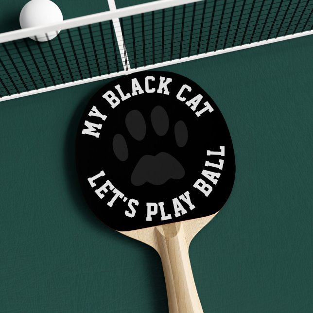 Black and White Pet Paw Print Ping Pong Paddle (Let's play ball! Perfect ping pong paddle with space for your cat's name)