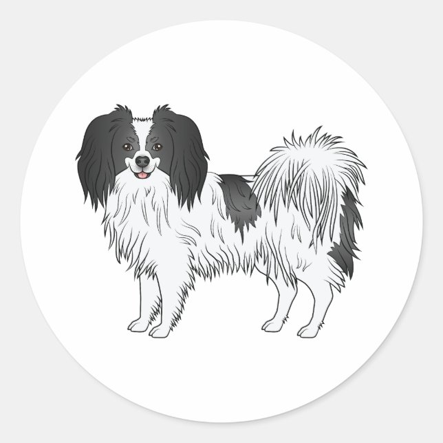 Black And White Phalène Cartoon Dog Illustration Classic Round Sticker (Front)
