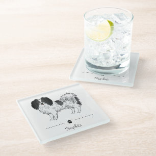 Black And White Phalène Cute Dog With Custom Name Glass Coaster