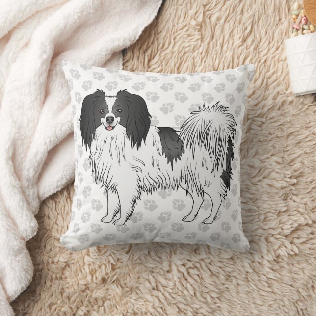 Black And White Phalène Dog On Grey Paw Prints Cushion (Blanket)