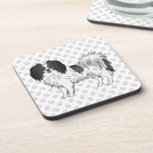 Black And White Phalène Dog On Grey Paws Pattern Coaster