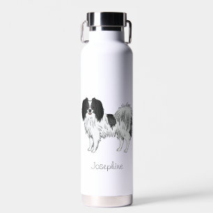 Black And White Phalène Dog With Personalised Name Water Bottle