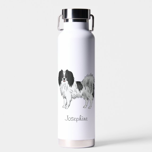 Black And White Phalène Dog With Personalised Name Water Bottle (Front)