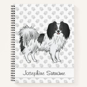 Black And White Phalène Dog With Text And Paws Notebook