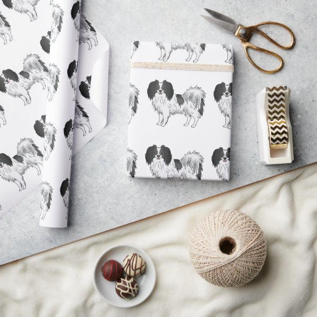 Black And White Phalène Toy Breed Dog Pattern Wrapping Paper (Crafts)