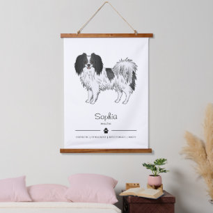 Black And White Phalène With Dog's Traits And Name Hanging Tapestry