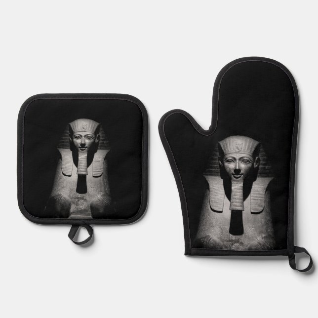 Black and white pharaoh king oven mitt & pot holder set (Front)