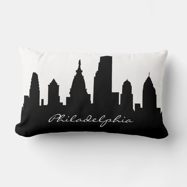 Black and White Philadelphia Skyline Lumbar Cushion (Front)
