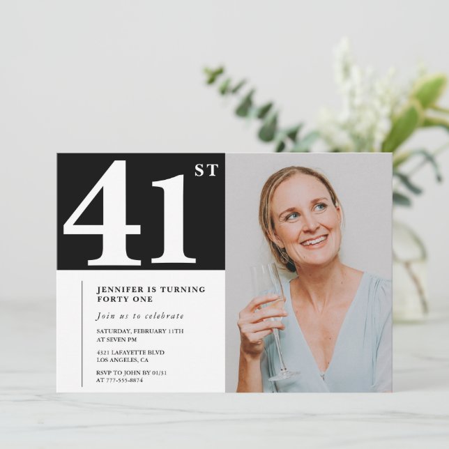 Black and White Photo 41st birthday Invitations  (Standing Front)