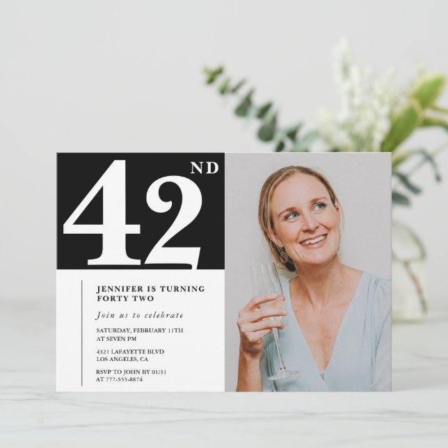 Black and White Photo 42nd birthday Invitations  (Standing Front)