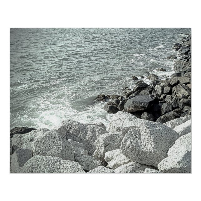 Black and White Photo a Rocky Ocean Shore Poster (Front)