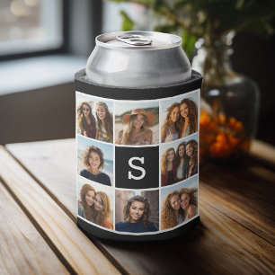Black and White Photo Collage Custom Monogram Can Cooler