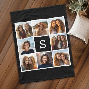 Black and White Photo Collage Custom Monogram Fleece Blanket