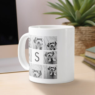 Black and White Photo Collage Custom Monogram Large Coffee Mug