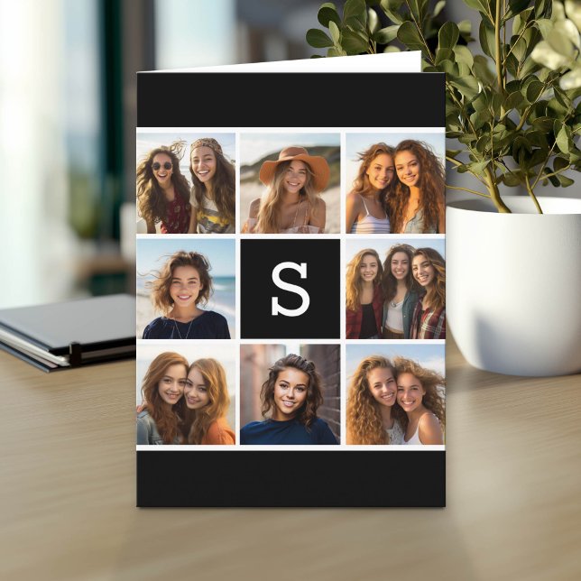 Black and White Photo Collage Custom Monogram Note Card (Photo Greeting Card)