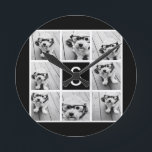 Black and White Photo Collage Custom Monogram Round Clock<br><div class="desc">Add 8 photos and custom text to make a unique keepsake for your wall. The art includes 8 pictures surrounding a text box where you can add a monogram or other text.</div>