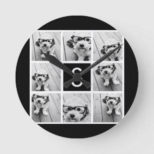 Black and White Photo Collage Custom Monogram Round Clock