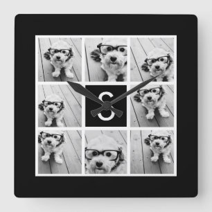 Black and White Photo Collage Custom Monogram Square Wall Clock
