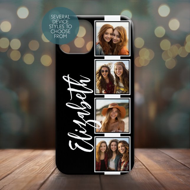 Black and White Photo Collage Squares Film Strip Case-Mate iPhone Case (Personalized Phone Case with 4 Photos and Custom Text - Choose Your Device Style)