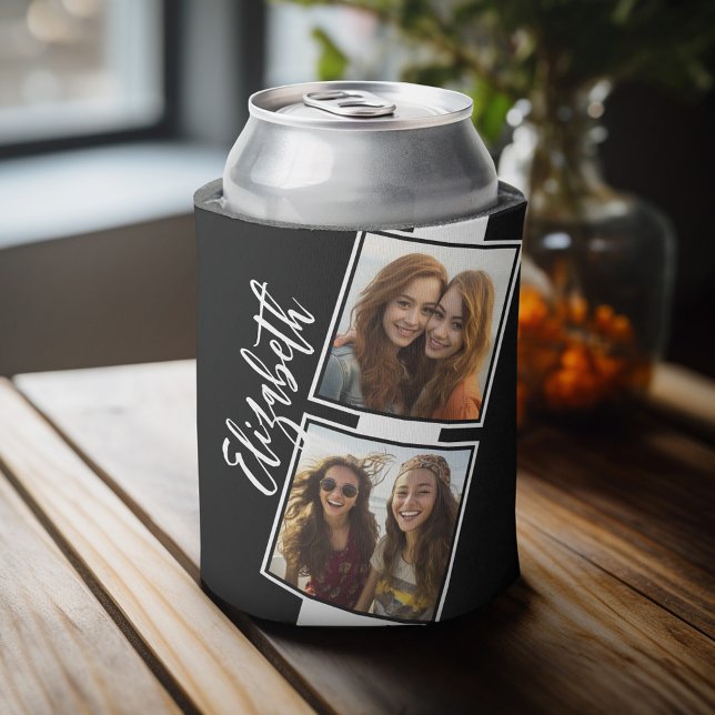 Black and White Photo Collage Squares Personalised Can Cooler (Celebrate with a personalized can cooler - add 4 photos and your name. Great party favor or gift)