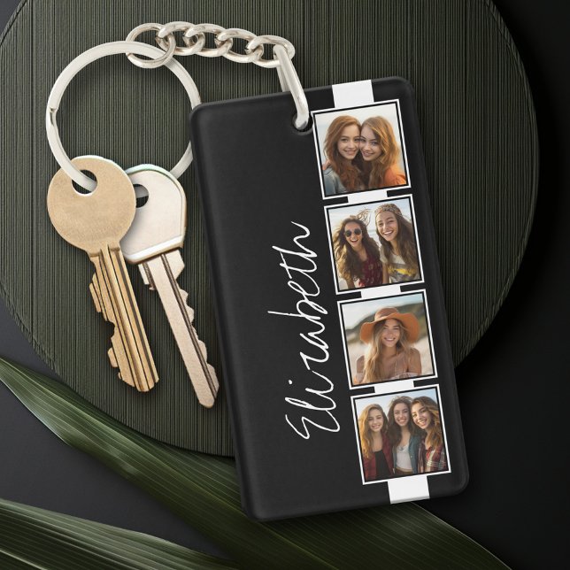 Black and White Photo Collage Squares Personalised Key Ring (Personalized Keychain - add a monogram or name)