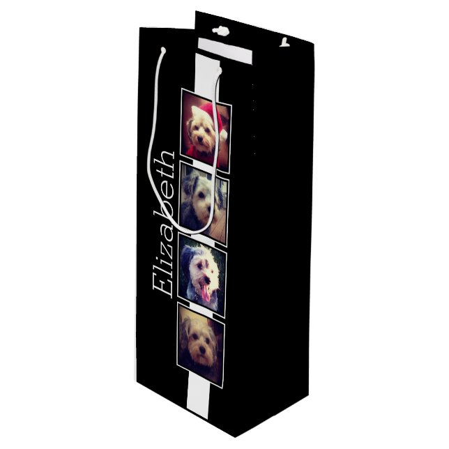 Black and White Photo Collage Squares Personalised Wine Gift Bag (Front Angled)