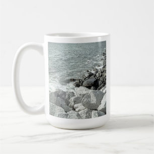 Black and White Photo of a Rocky Ocean Shore Coffee Mug