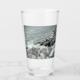 Black and White Photo of a Rocky Ocean Shore Glass
