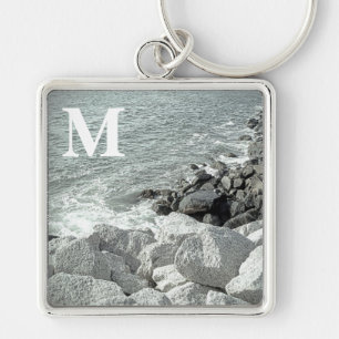 Black and White Photo of a Rocky Ocean Shore Key Ring