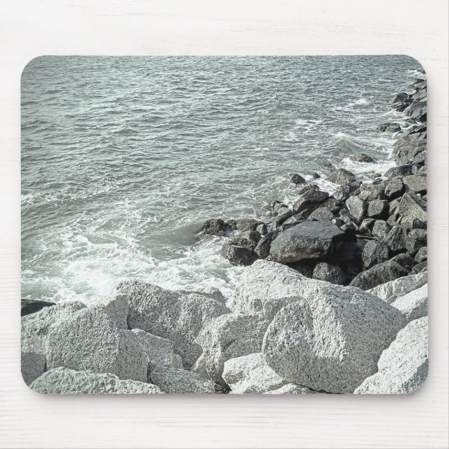 Black and White Photo of a Rocky Ocean Shore Mouse Pad (Front)