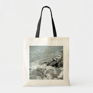 Black and White Photo of a Rocky Ocean Shore Tote Bag