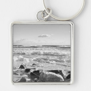 Black and White Photo of Atlantic Ocean Waves Key Ring