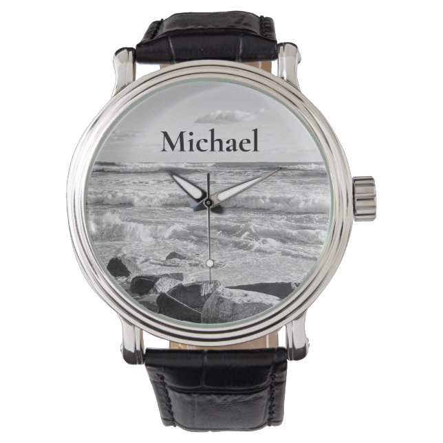 Black and White Photo of Atlantic Ocean Waves Watch (Front)