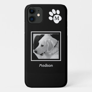 Black and White Photo of Cute Dog and Paw Initial iPhone 11 Case