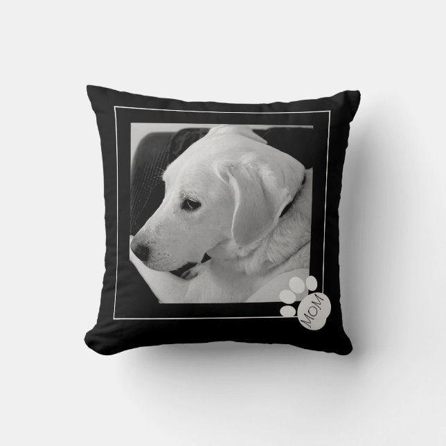 Black and White Photo of Cute Dog Best Mum Ever Cushion (Front)