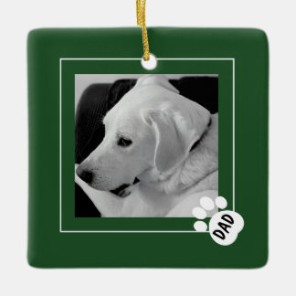 Black and White Photo of Cute Dog Dad Paw Green Ceramic Ornament