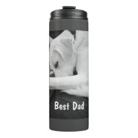 Black and White Photo of Cute Dog Resting with Dad