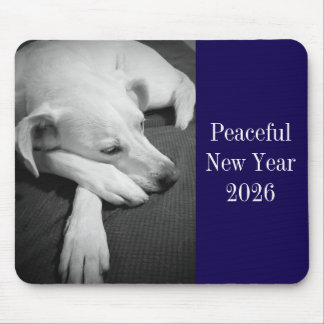 Black and White Photo of Dog Sleeping New Year Mouse Pad