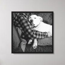 Black and White Photo of Dog Snuggling with Dad