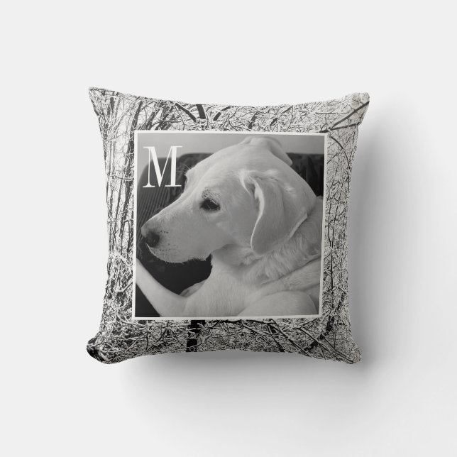Black and White Photo of Dog Winter Scene Initial Cushion (Front)